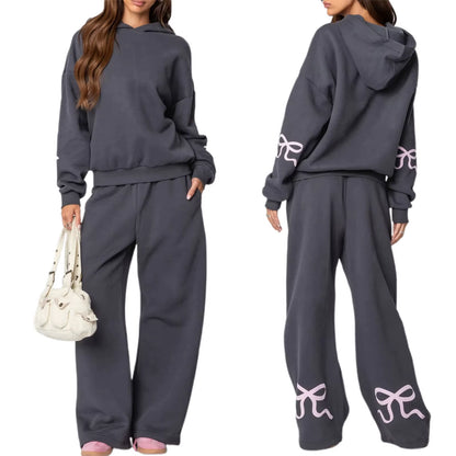 Womens 2Piece Y2K Loose Outfits Set Bow Print Long Sleeve Hooded Pullover Sweatshirts + Elastic Waist Pants Tracksuit