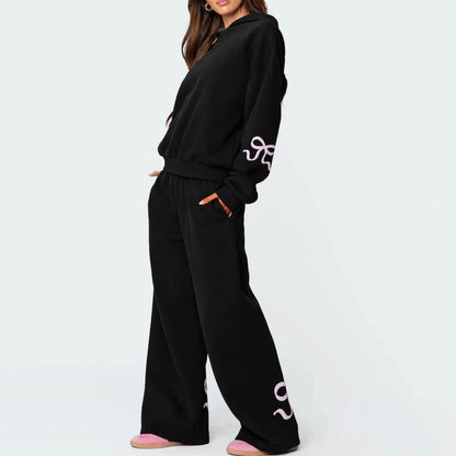 Womens 2Piece Y2K Loose Outfits Set Bow Print Long Sleeve Hooded Pullover Sweatshirts + Elastic Waist Pants Tracksuit