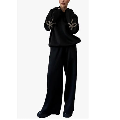 Womens 2Piece Y2K Loose Outfits Set Bow Print Long Sleeve Hooded Pullover Sweatshirts + Elastic Waist Pants Tracksuit