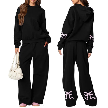 Womens 2Piece Y2K Loose Outfits Set Bow Print Long Sleeve Hooded Pullover Sweatshirts + Elastic Waist Pants Tracksuit